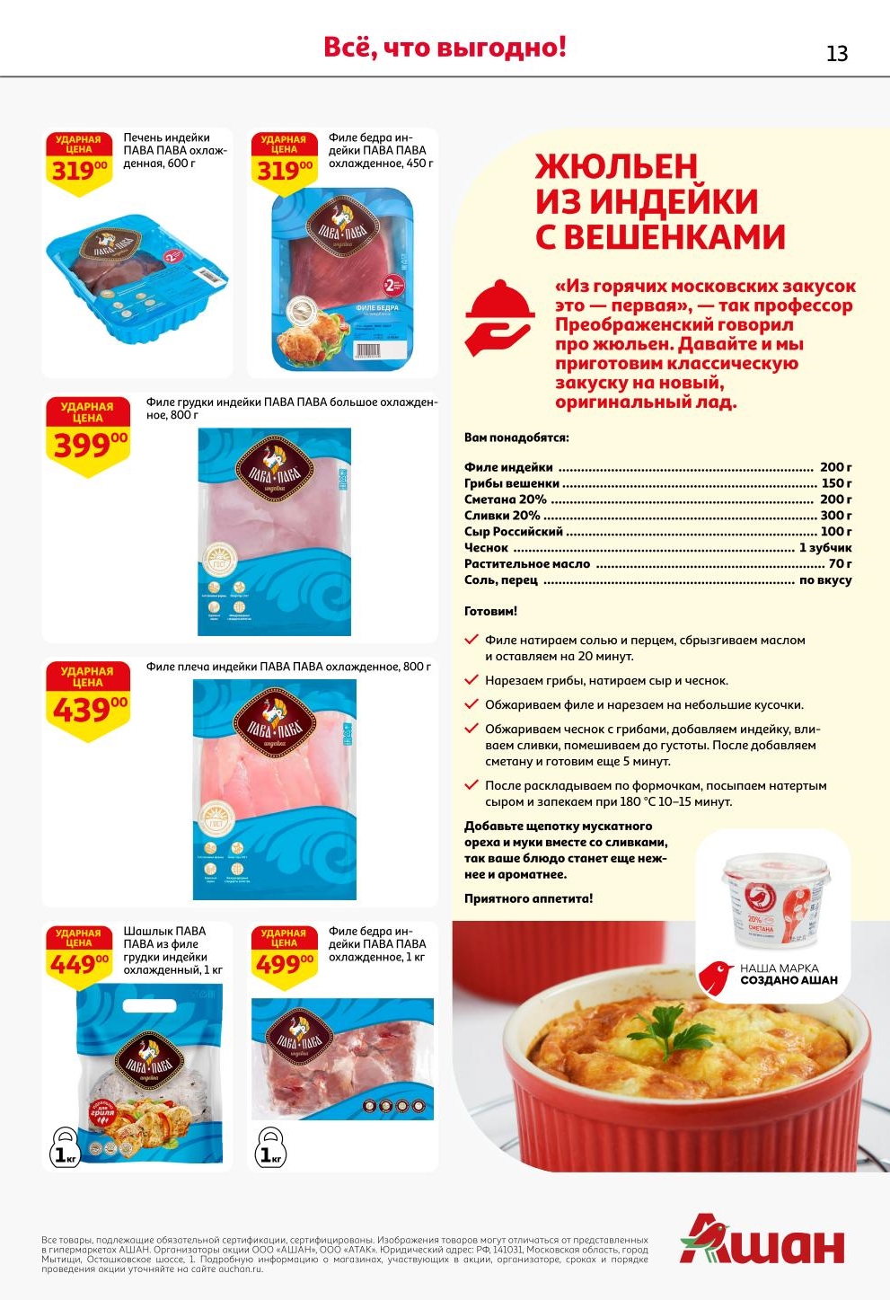 Филе грудки индейки 800г - 399р, шашлык из индейки 1кг - 449р. Рецепт жюльена с индейкой и вешенками.